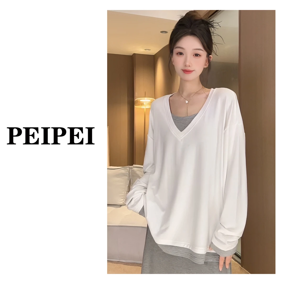 【假两件】V领大领口慵懒秋季纯色宽松百搭休闲大版长袖T恤女