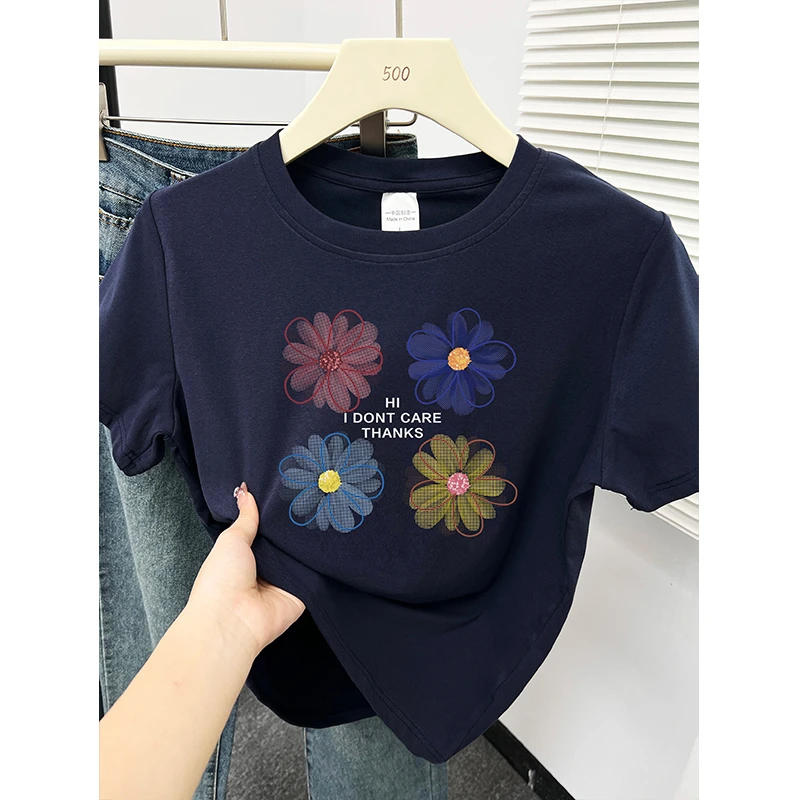 夏季新款韩系ins减龄印花圆领正肩短袖t恤女装小个子设计感上衣服