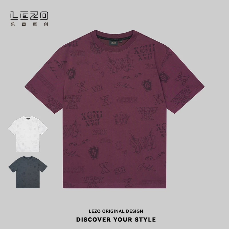 LEZO乐周原创男夏季休闲百搭短袖圆领T恤时尚复古宽松满印半袖