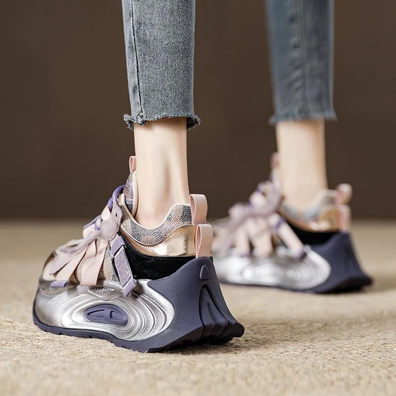 欧洲站2025新款紫色老爹鞋厚底松糕鞋女春季女鞋增高水钻休闲鞋女