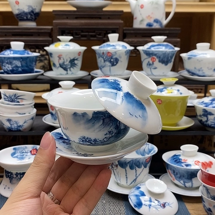 手绘烟雨江南悬停盖碗釉下彩高温瓷微瑕福利款