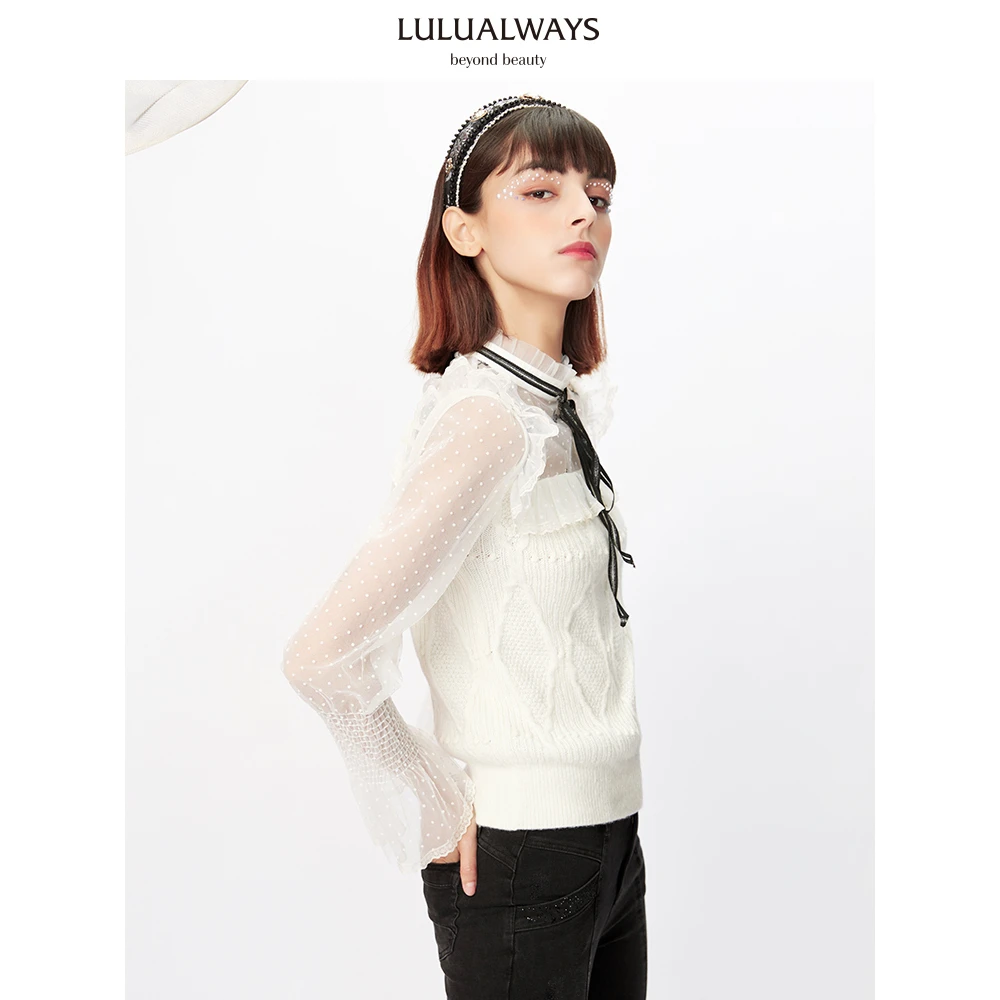 【高高甄选】LULUALWAYS秋季法式拼接网纱绣花长袖针织衫LMC0067