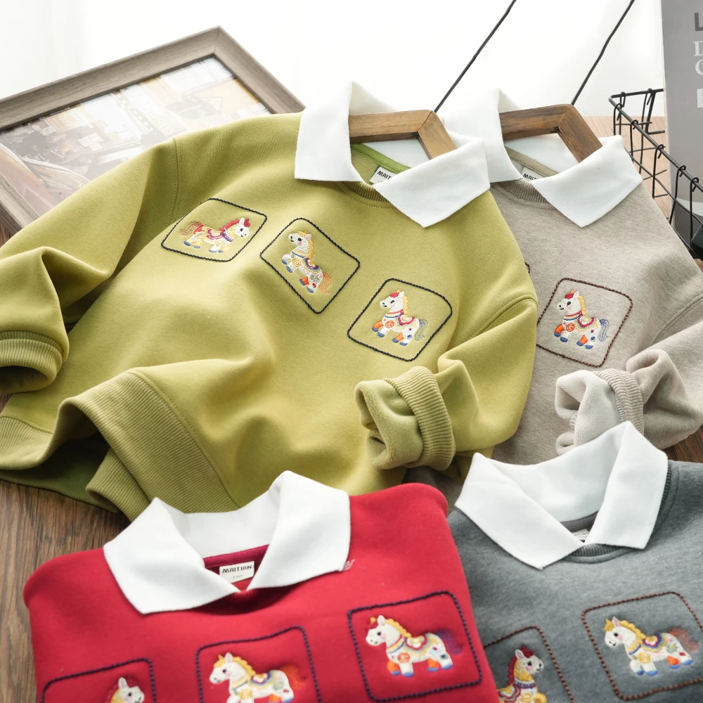 冬季假两件翻领儿童加绒卫衣小马刺绣上衣中大童洋气百搭MT25260