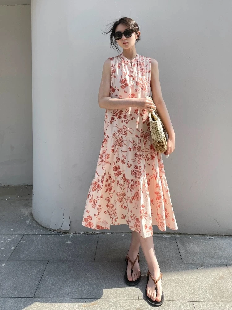 连衣裙V领中长款宽松植物花卉法式印花无袖2025夏季