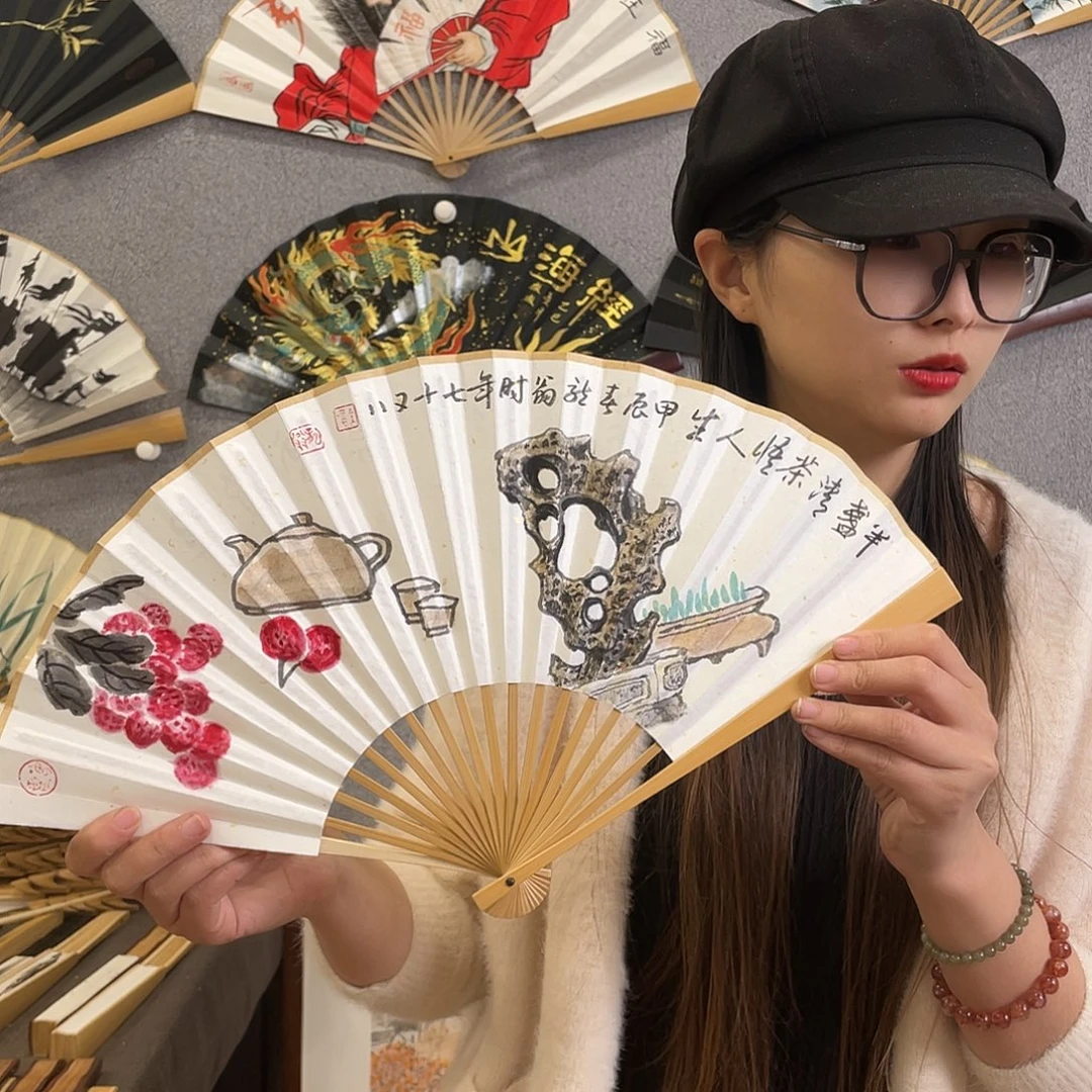 书法8寸玉竹-纯手绘-文玩扇骨（默认粘好）