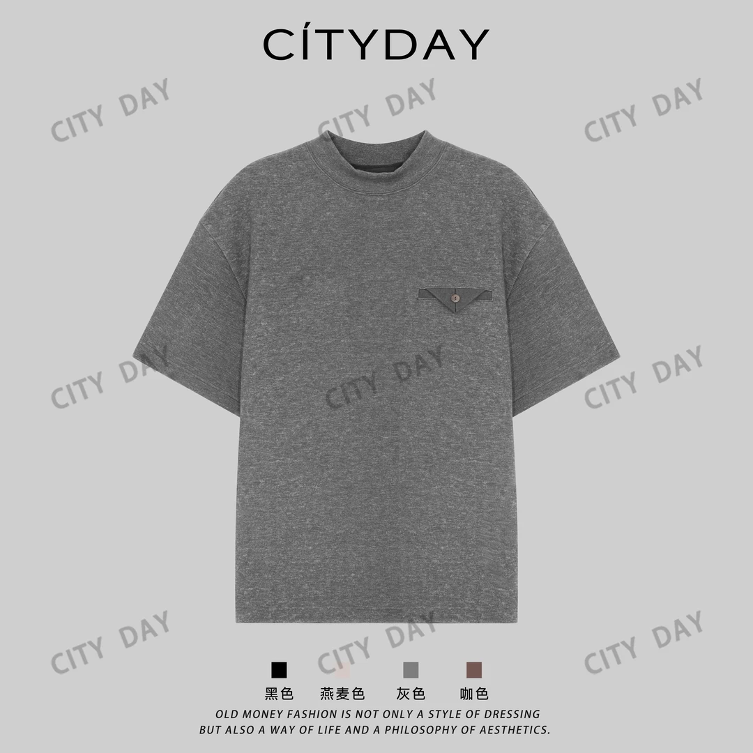 CityDay【楠哥】摩卡可可·绒感三角标极简微落肩情侣半袖T恤 70307