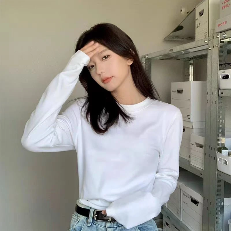 新疆纯棉T恤男女白色T恤男女圆领简约上衣长袖打底衫长袖T恤