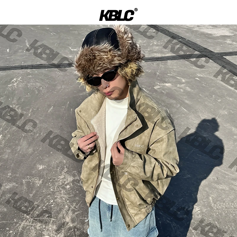 KBLC【蛇年限定】座山雕外套毛领剪裁解构设计洗水PU皮加绒夹克