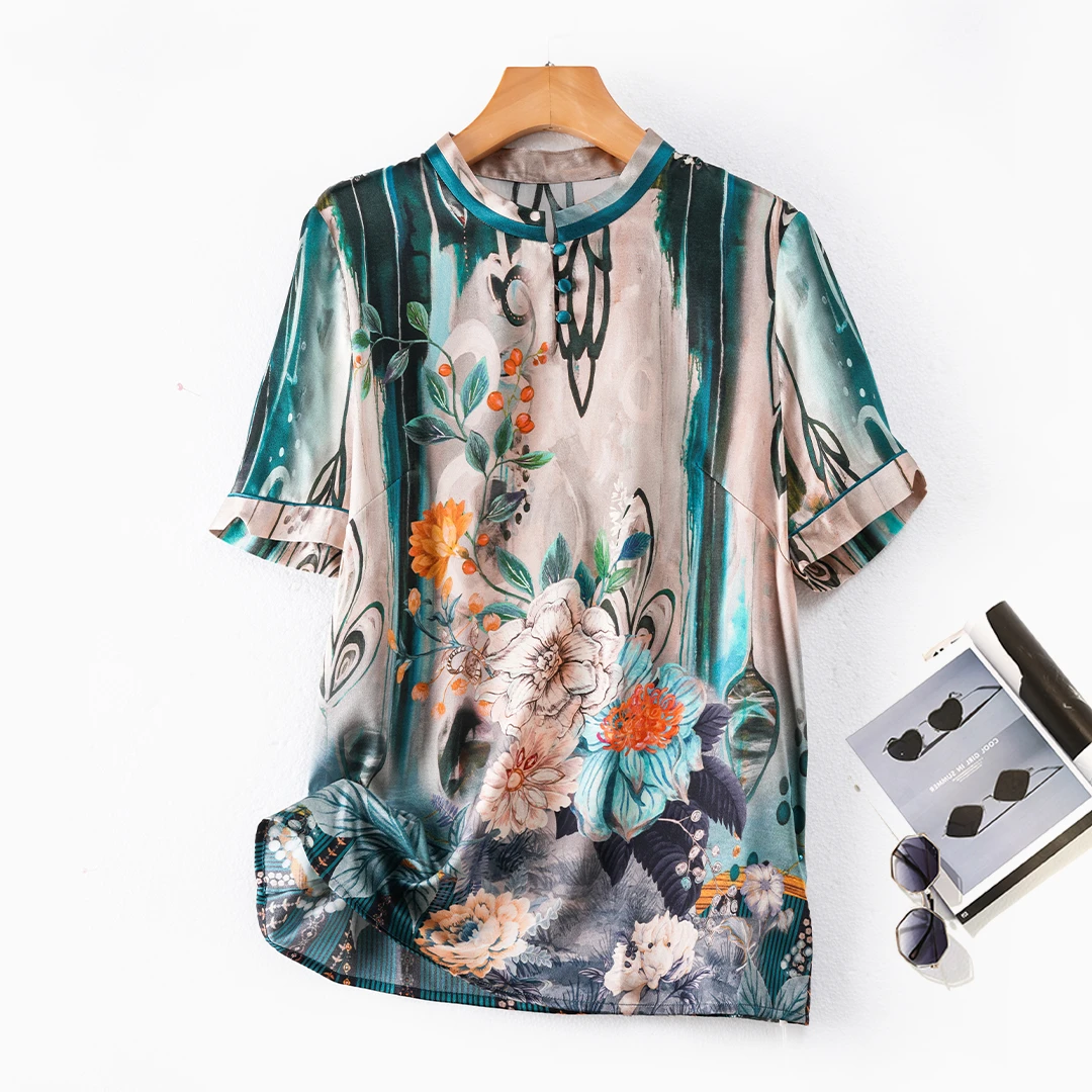 琸娅92%桑蚕丝简约风短袖高端女装宽松圆领水墨画休闲百搭真丝T恤