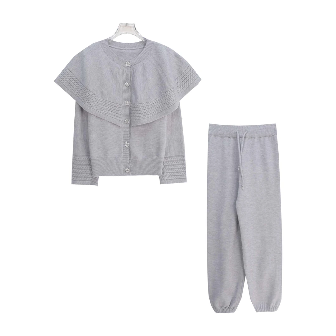 温柔风斗篷设计针织开衫遮肉显瘦休闲裤套装X2789