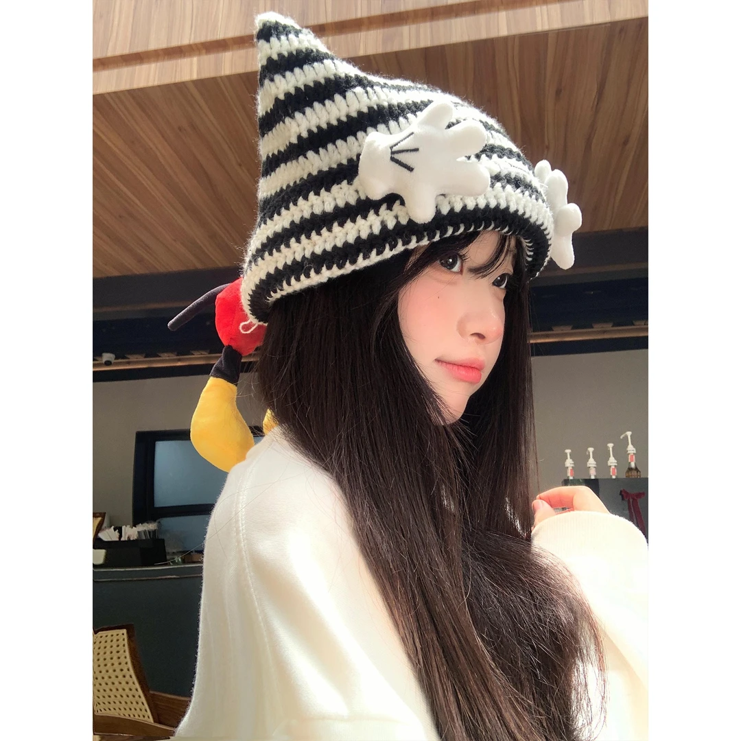 可爱米奇屁屁条纹针织帽子女春秋百搭显脸小毛线帽套头帽2025新款