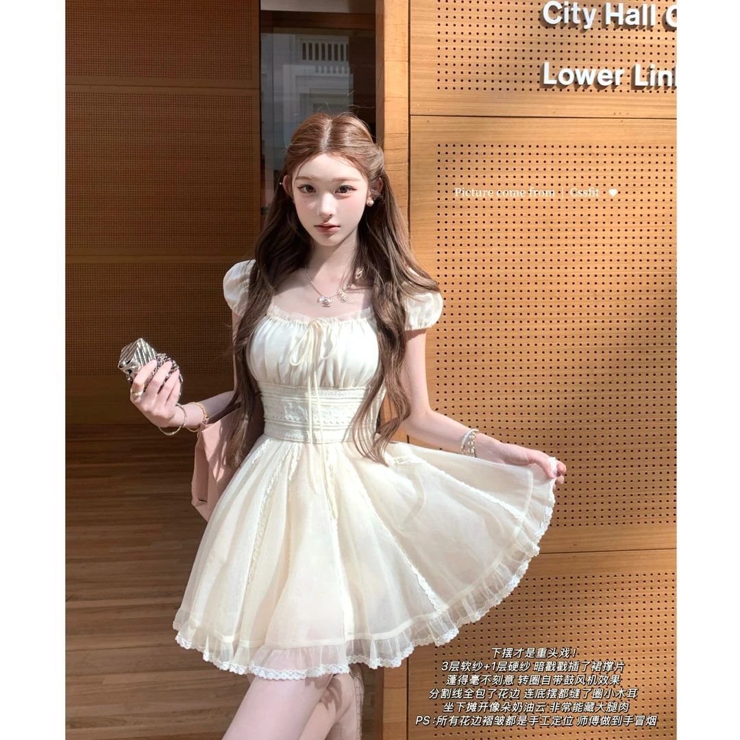 【日晒耶加】韩系甜美少女2025夏季新款定制蕾丝分割重工连衣裙短裙