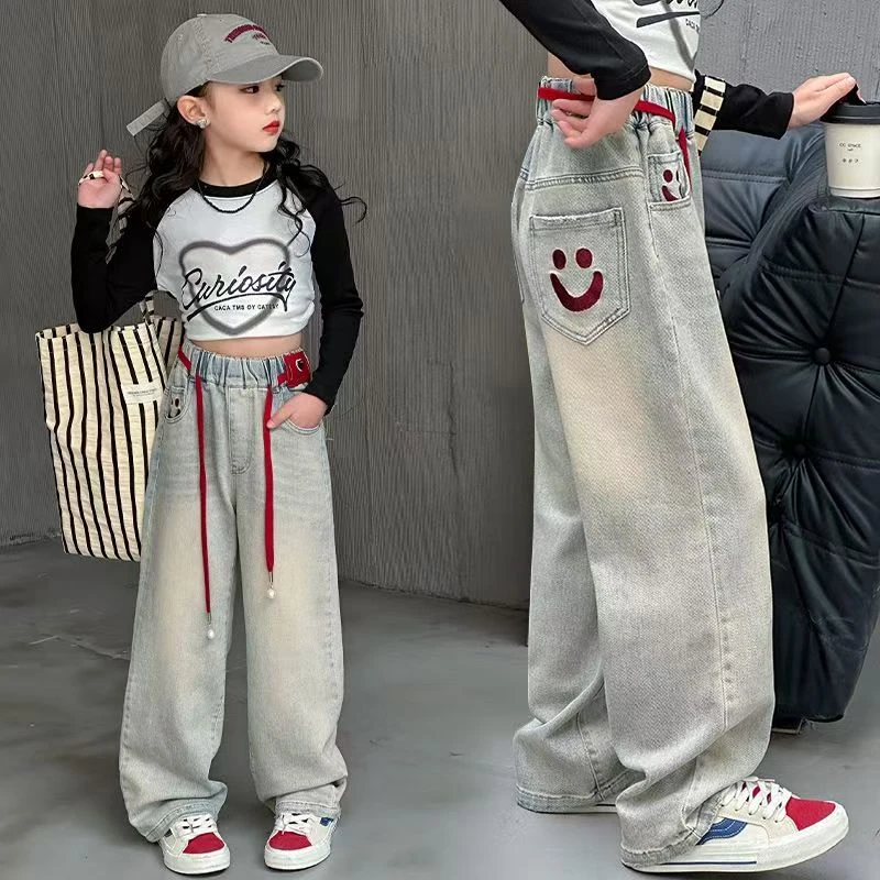 女童牛仔裤春秋长裤2025新款中大童女孩宽松直筒裤学生版阔腿裤