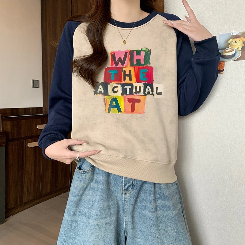 小众设计感圆领扎染卫衣女加绒加厚新款插肩袖拼接撞色长袖上衣潮