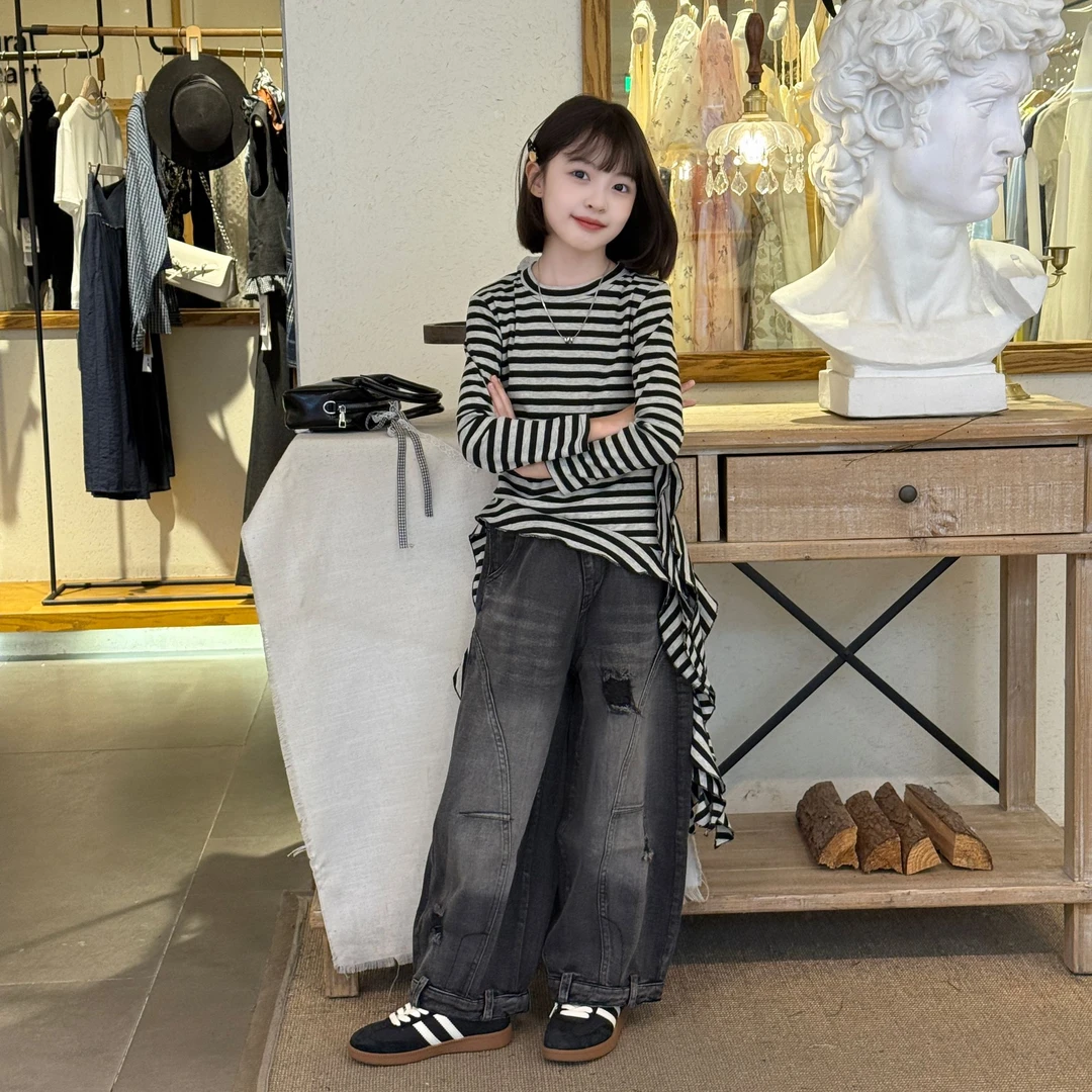女童斜肩条纹衫破洞猫须喷色重工艺牛仔裤2025春秋阔腿裤韩版潮