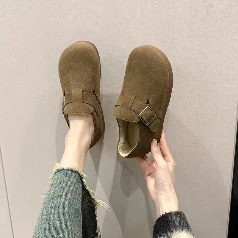 822-1舒适百搭磨砂面牛皮勃肯鞋冬新款加绒保暖洋气平底懒人Q1