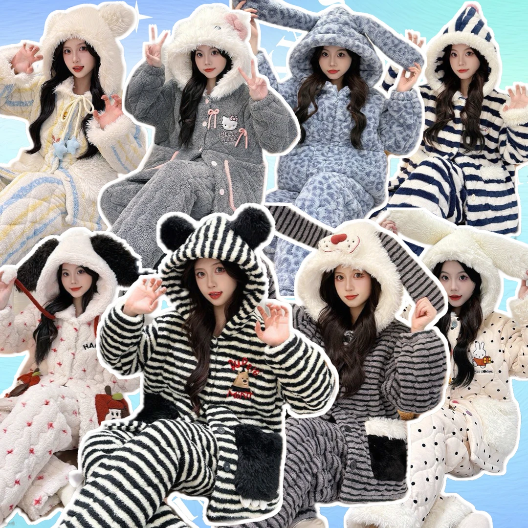 【8号链接】冬季三层夹棉加厚大码睡衣女韩版保暖家居服连帽家居服