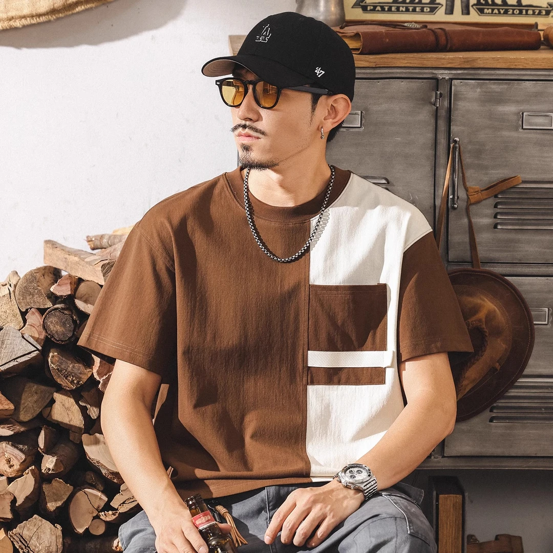 夏季新款T恤男短袖2026潮牌美式复古拼色宽松半袖男生体恤上衣潮