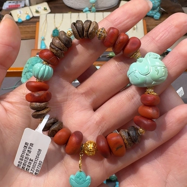 绿松石18K金镶嵌手串唐马