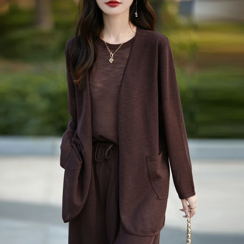 轻奢宽松竹节麻时尚竹节麻长款开衫休闲通勤毛针织衫中长款防晒衫