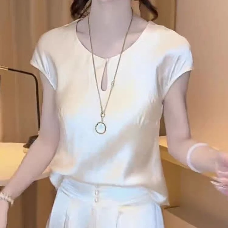 【斑马】南油【水滴领上衣】醋酸锻垂感抗皱短袖T恤夏季轻薄缎面上衣