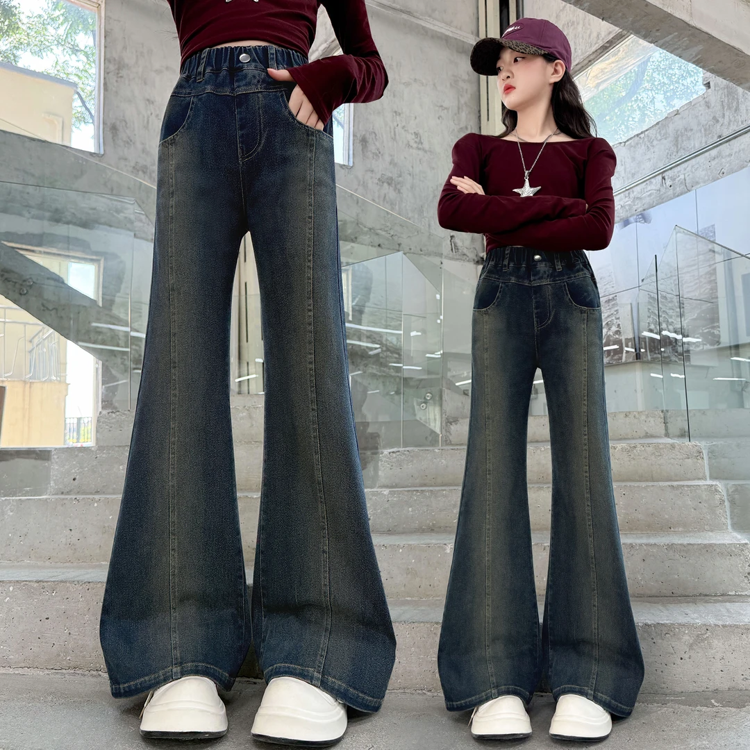 女童牛仔喇叭裤春秋款2025新款儿童宽松微喇裤洋气时髦高腰牛仔裤