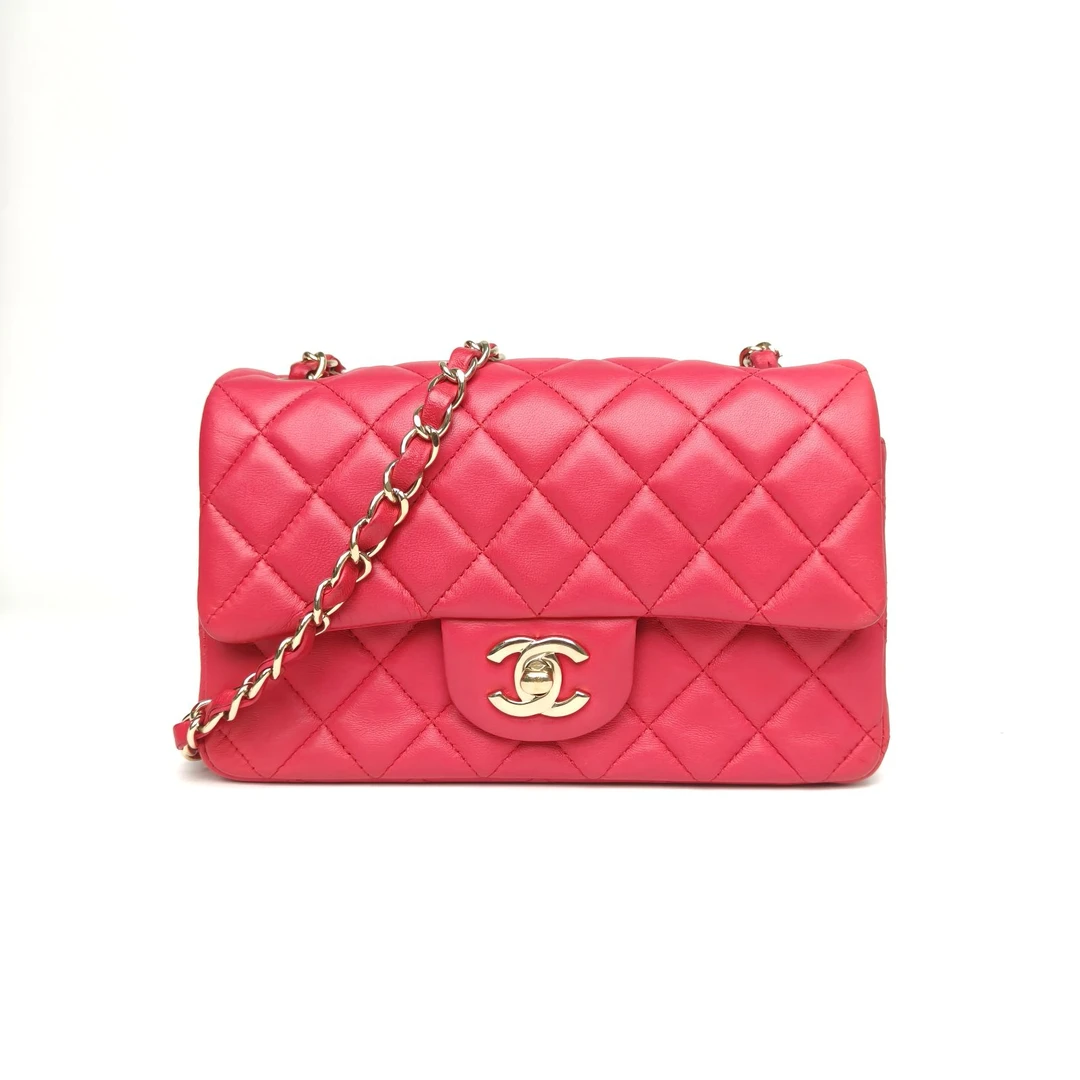 95新 Chanel/香奈儿 【双双】CF 口盖包 大Mini 20cm 玫红21开