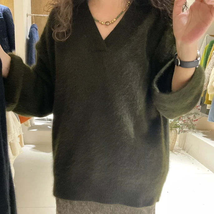 韩系慵懒风橄榄绿质感翻领针织衫气质上衣