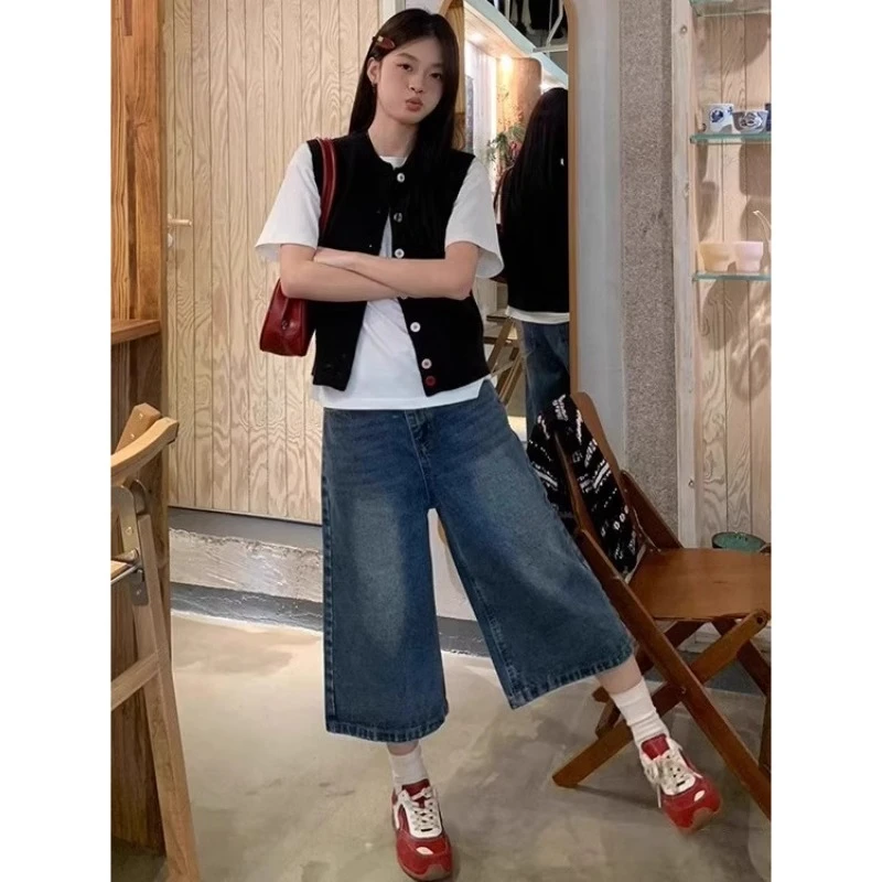 复古蓝七分牛仔裤女夏季新款高腰宽松阔腿裤直筒中裤