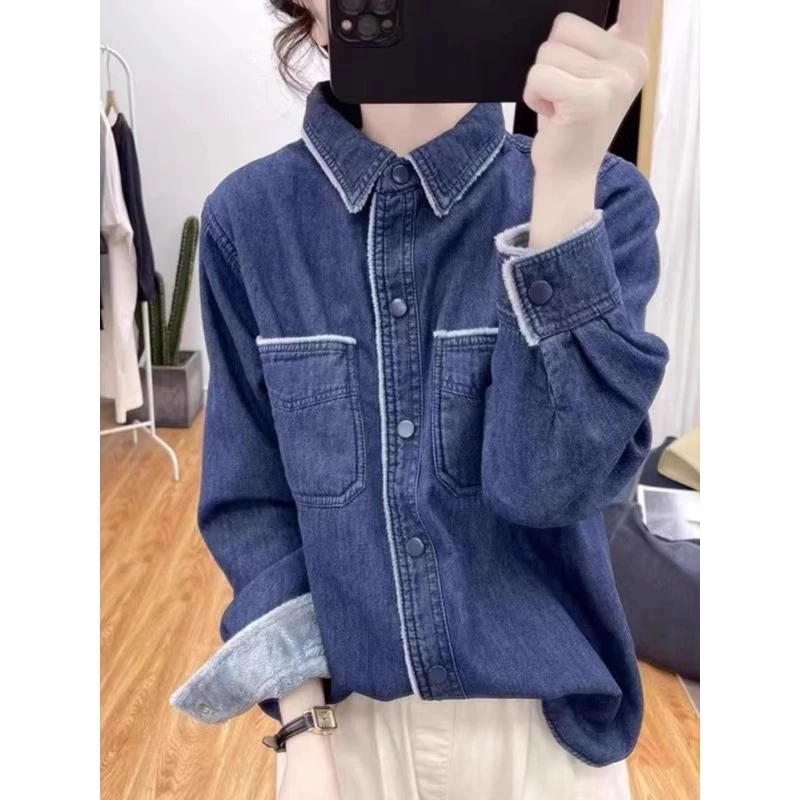 欧货加绒牛仔衬衫外套女士秋冬2025新款今年流行爆款叠穿衬衣上衣
