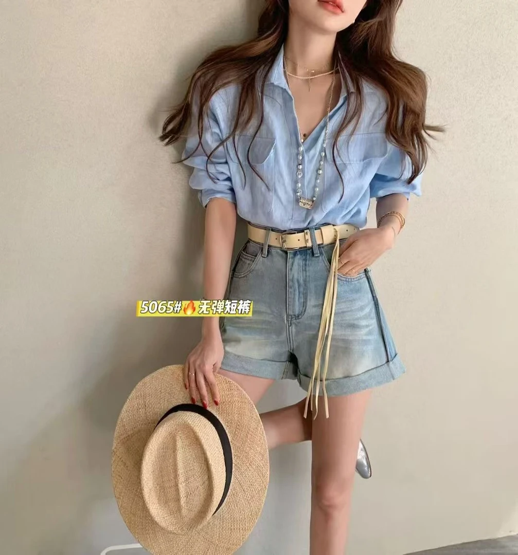 5065浅兰无弹中腰牛仔短裤