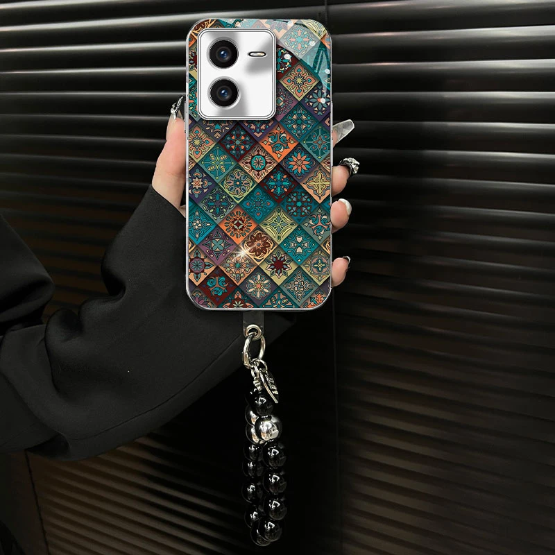 适用【vivoy100】玻璃壳五彩图腾ins风网红创意个性防摔手机壳女款