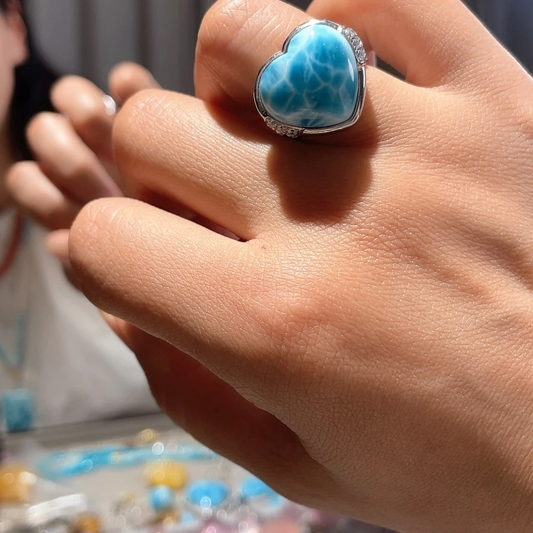 针钠钙石（海纹石）银S925镶嵌戒指大气款