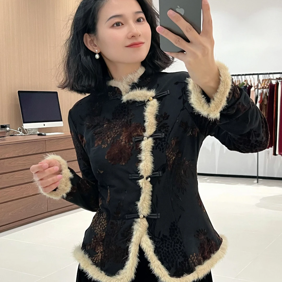DY2011樱美嘉新中式立绒水貂毛植绒烧花工艺打底复古显瘦内搭百搭