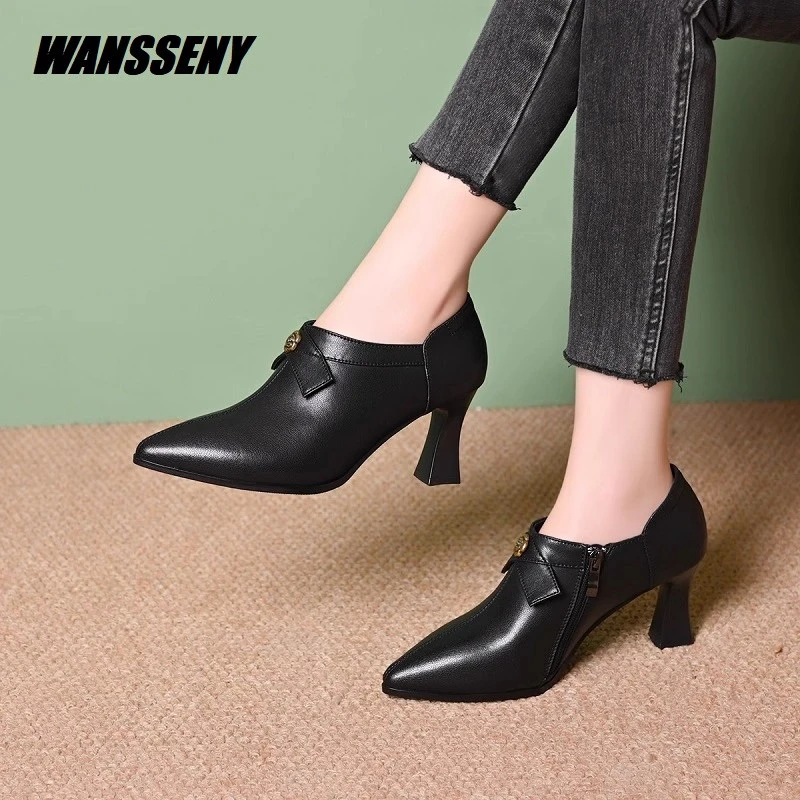 WANSSENY2025年时尚高跟软皮深口单鞋春秋女鞋尖头粗跟皮鞋高跟鞋