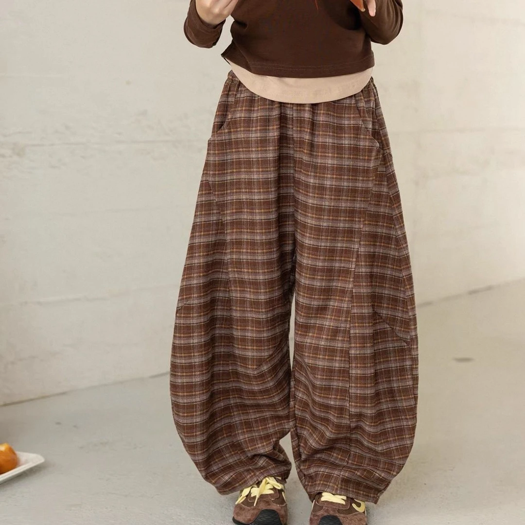 儿童秋季新款格子裤女童复古弯刀裤童裤休闲裤洋气中性风女春秋