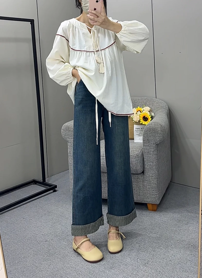 【雅妃家】孕妇阔腿裤秋季2025新款抽绳宽松外穿休闲百搭直筒牛仔裤