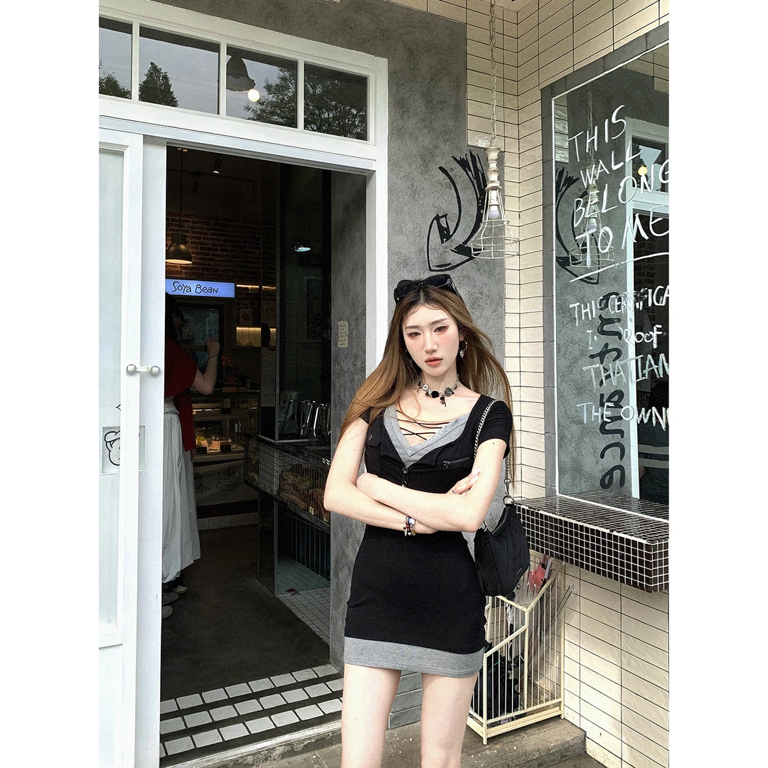 DREAM SEVEN77 针织撞色短袖连衣裙女2025年夏季新款显瘦包臀裙子