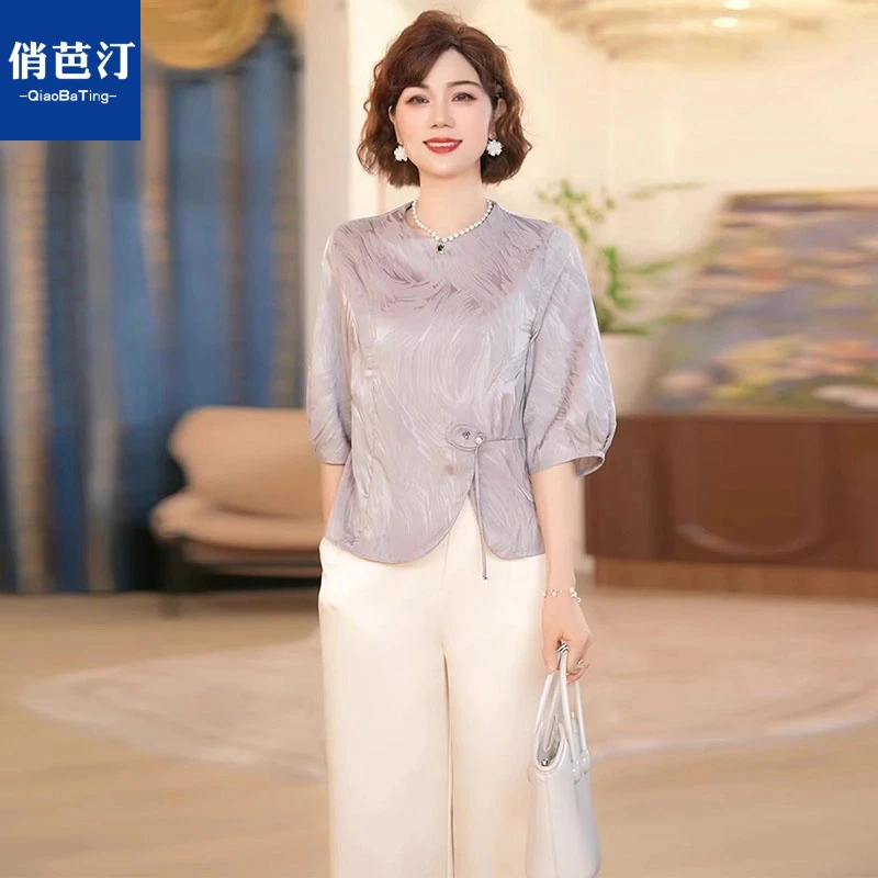 新款洋气气质中老年夏装两件套妈妈套装国风夏季新中式上衣小衫女