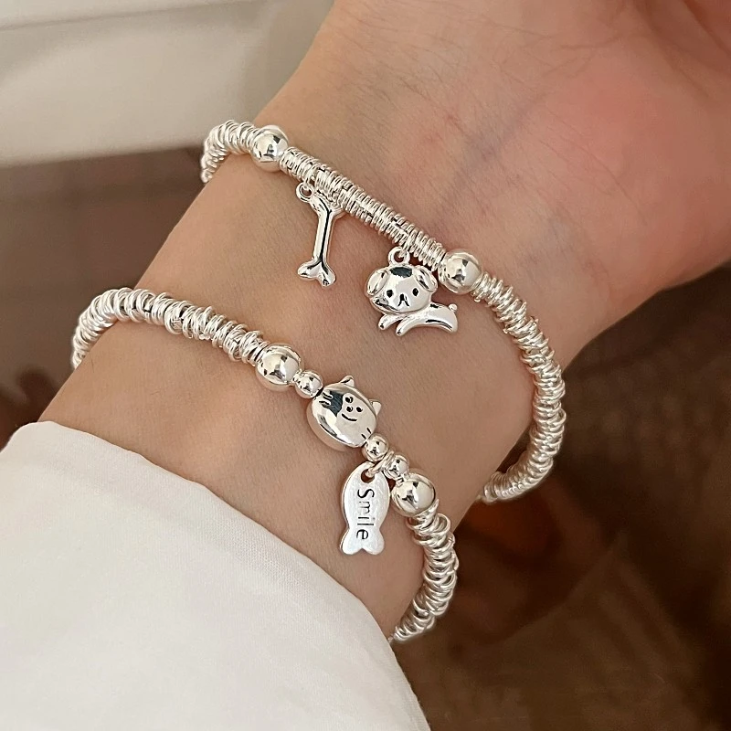 足银手链 9999银猫咪小鱼可爱狗盘缠手链女小众设计礼物