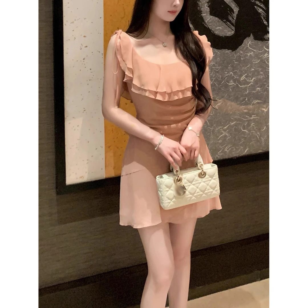 温柔度假风雪纺收腰短裙子女荷叶边无袖连衣裙纯欲风性感吊带裙子