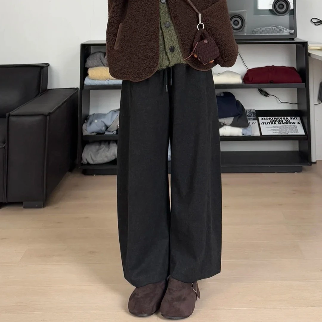 大码冬季款毛呢加绒高腰直筒阔腿休闲裤女梨形身材宽松显瘦九分裤