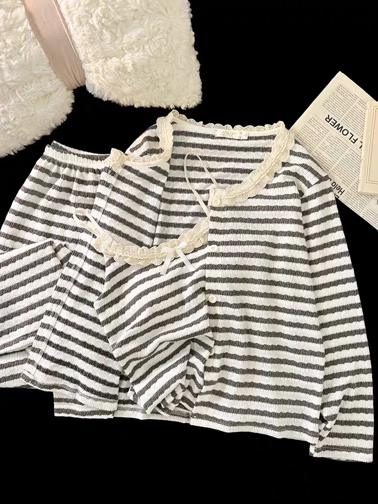 莫代尔睡衣女款春秋季蝴蝶结条纹带胸垫长袖薄绒吊带三件套家居服