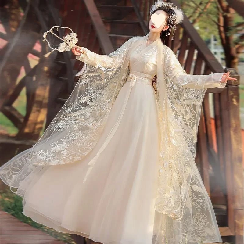 白色汉服女古装夏款改良版连衣裙超仙气中国风广袖流仙裙古风夏季