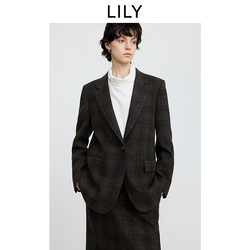 LILY2025冬新款羊毛混纺学院风格纹气质通勤西装外套125419C2915
