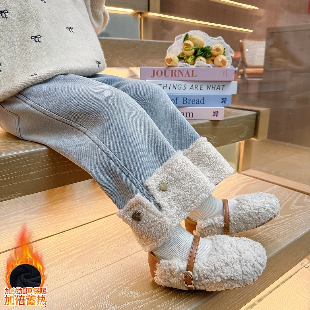 女童加绒牛仔裤一体绒儿童加厚休闲直筒裤小女孩宝宝冬季保暖长裤