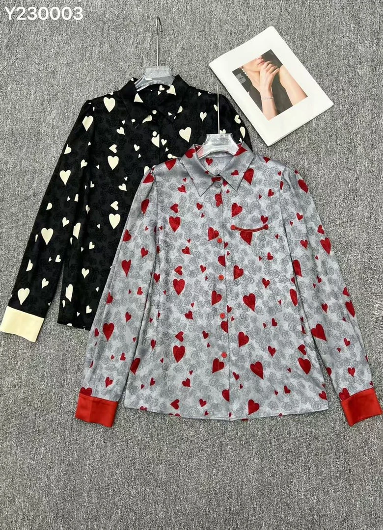 230003春夏新款女爱心印花钉珠上衣时尚百搭长袖衬衫
