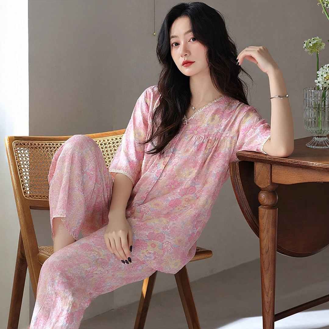 睡衣女新款田园风碎花V领开衫半袖家居服夏天韩版气质套装可外穿