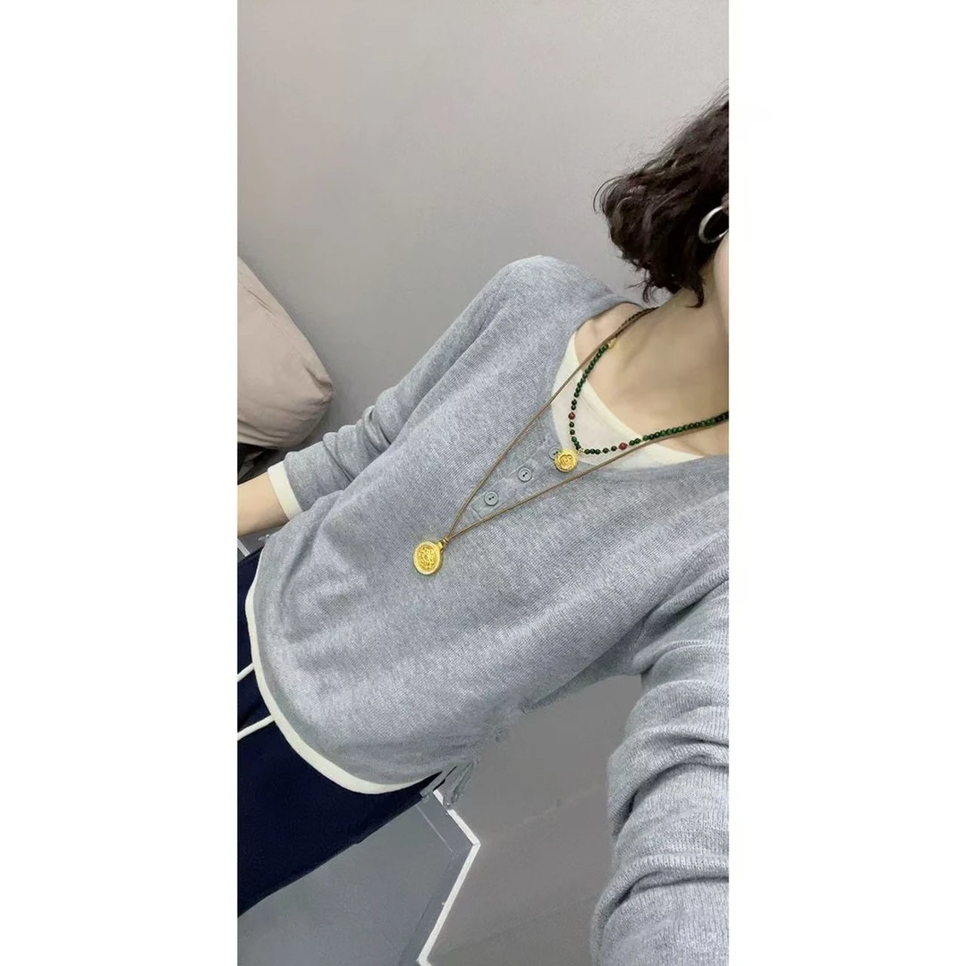 三扣假两件针织衫