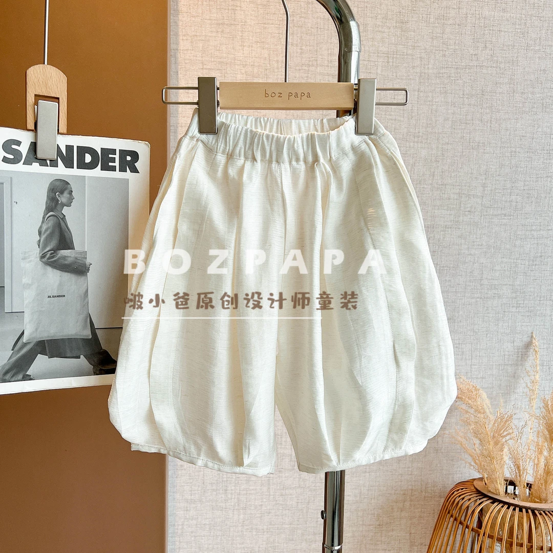 现货啵小爸【听风】2025夏季男童休闲白色褶皱七分中裤